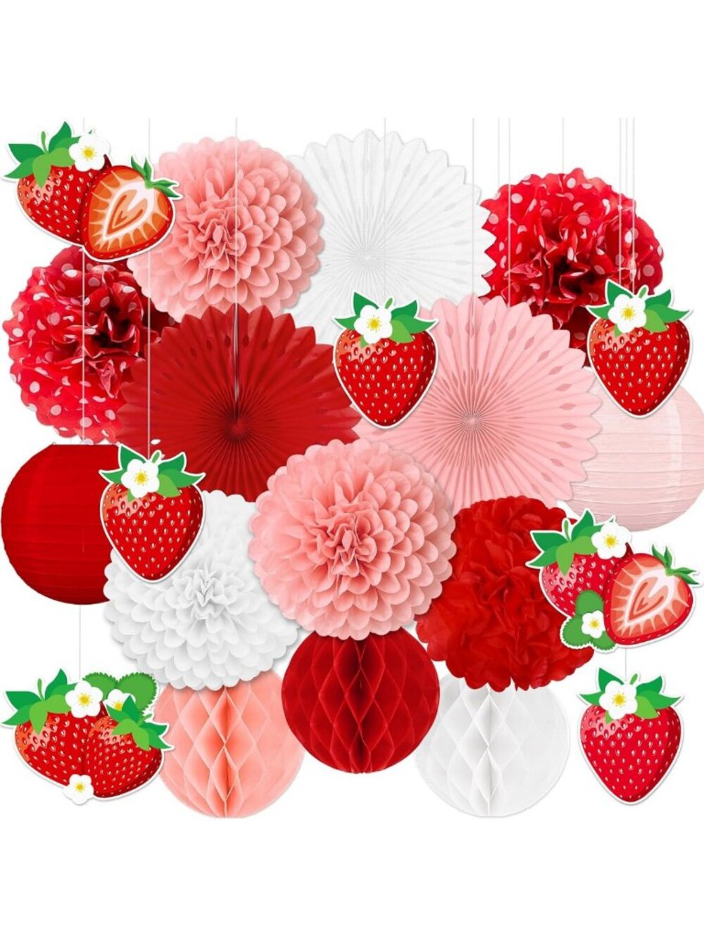 26pcs Strawberry Birthday Party Decor - Red Pink White Fans & Tissue Pom Poms